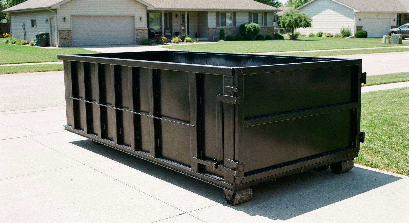 Matte-black 10-yard roll-off dumpster on a residential concrete driveway in Superior, uniformly painted matte black across every panel and rail, ribbed steel sidewalls and rear swing door visible, mid-day daylight.