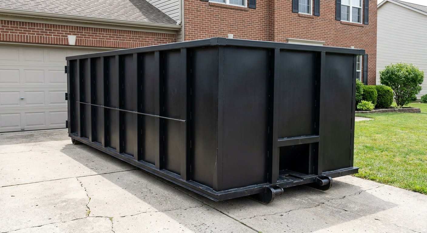 Matte-black 20-yard roll-off container on a Superior residential concrete driveway with reinforced ribbed steel sidewalls and a hinged rear walk-in door, clean bright daylight.
